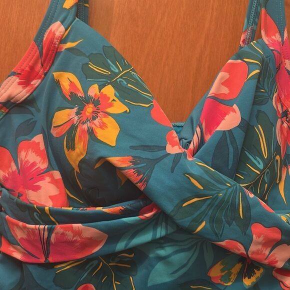 Land’s End V wrap Tankini tankini in Deep turquoise lily palm print underwire 6 - Picture 10 of 12